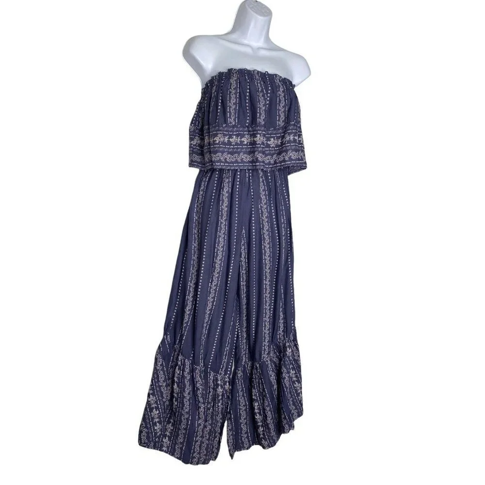 Japna Wide Leg Romper Women's Blue Flare‎ Strapless Smocked Jumpsuit SZ XS